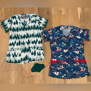 2x Holiday Scrub Tops + Fig Face Mask